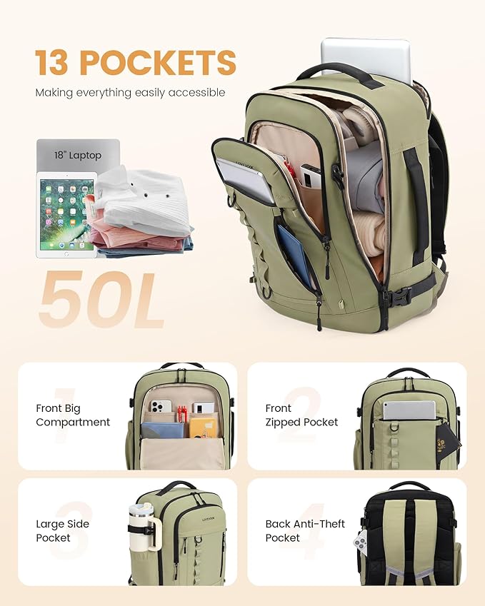 LOVEVOOK 50L Travel Backpack for Men Women, Waterproof Carry On Backpack for Work & Travel, Flight Approved Personal Item with 3 Packing Cubes,TSA Bag Fits 17.3" Laptop,Light pink