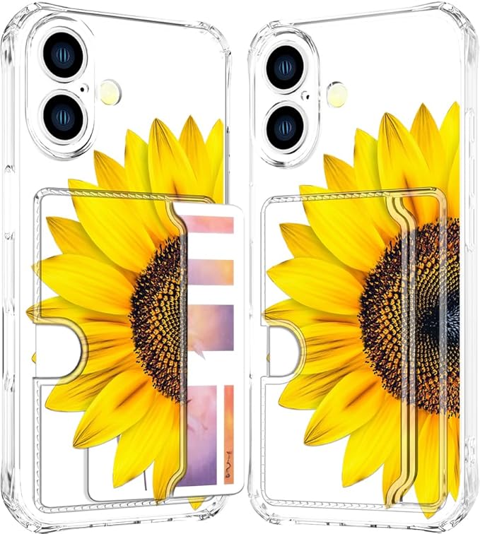Compatible with iPhone 16 Plus Case Card Holder for Women Cute Design,Wallet Phone Cases Transparent Cool Kawaii Protective (Clear Sunflower Sun Flower)