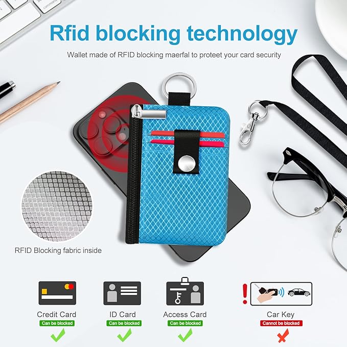 Minimalist RFID Blocking Small Wallet with ID Window,WaterResistant Zip Id Case Wallet with Lanyard Keychain for Cards,Cash,Travel,Women,Men (Lake Blue)