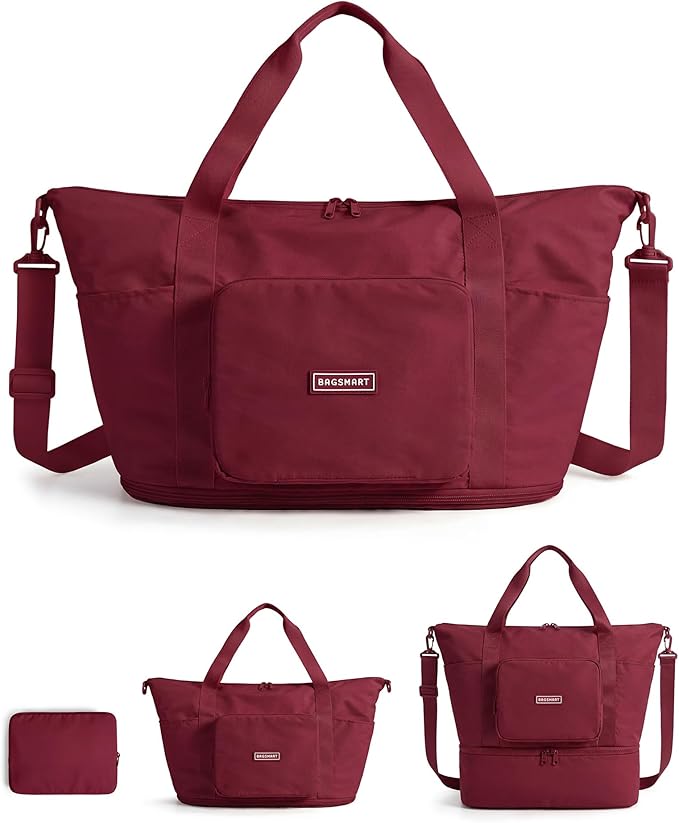 BAGSMART Foldable Travel Bag, 37L Expendable Personal Item Bag, Lightweight Weekender Bags for Women, Water Resistant Extra Carry on for Travel, Pomegranate Red