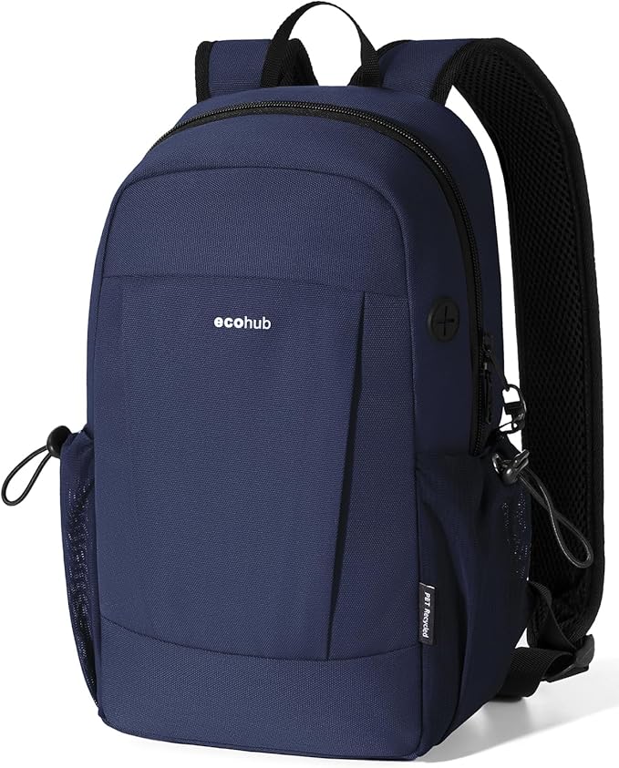 ECOHUB Mini Anti-Theft RFID Backpack for Women and Men, Water-Resistant, Lightweight Travel Daypack with iPad Sleeve, Key Holder, 9 Pockets, Stylish Comfortable, Blue