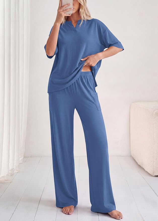 KIRUNDO Womens 2 Piece Matching Lounge Set Airport Travel Vacation Summer Outfits Oversized Short Sleeve Tops Wide Leg Pants