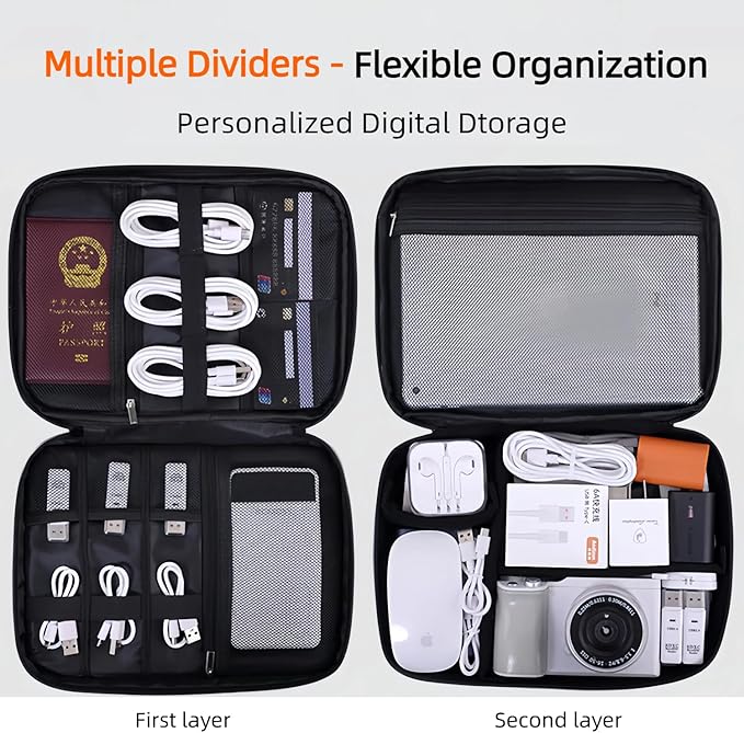 Electronics Organizer Travel Case,Cord Organizer Travel, Double-Layer Cable Organizer Bag, Tech Pouch Accessories Carry Storage For Phone, Cables, Airpods, USB, Sd Card,Essentials (Black)