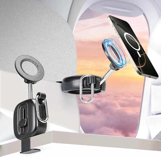 koolehaoda Airplane Phone Holder for Magsafe Air Plane Travel Essentials Magnetic Phone Mount Compatible with iPhone 17-12 Galaxy Mag-Safe Case, Handsfree for Long Flight Flying - Black