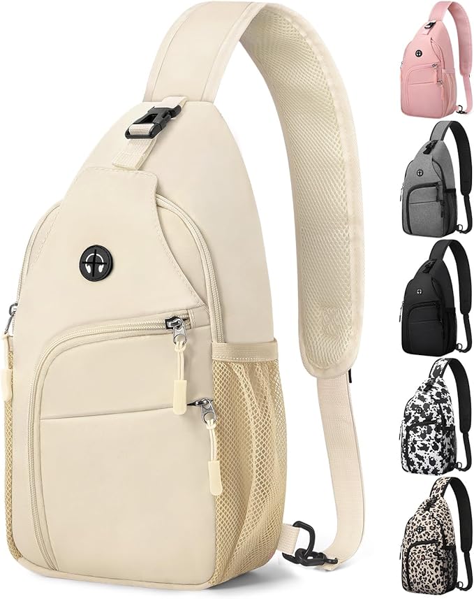 Pritent Crossbody Bags for Women Man Waterproof Sling Bag Backpack Trendy Casual Cross Body Bag with Convertible Shoulder Strap Chest Bag for Camping Hiking Travel Essentials (Ivory, Medium )