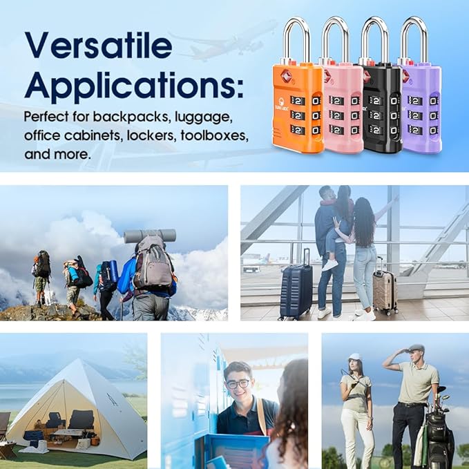 SURE LOCK TSA Approved Luggage Lock – 3-Digit Resettable Combination Padlock with Open Alert Red Dot, Large Easy-Read Dials for Suitcases, Backpacks, Gym & School Lockers (Purple 4 pk)