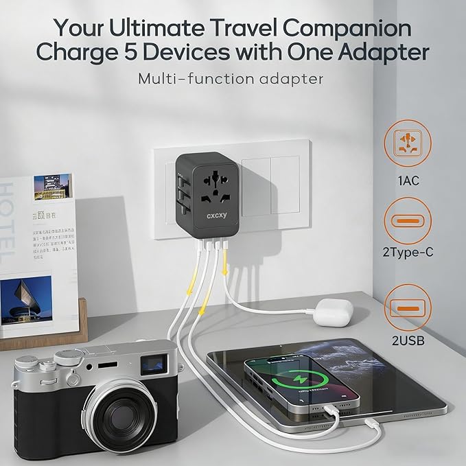 45W GaN Universal Travel Adapter | 5 Port International Power Adapter with 2 USB-C PD 3.0, 2 USB-A QC 3.0 & AC Outlet | Worldwide Travel Plug for US, EU, UK, AU & Most Countries