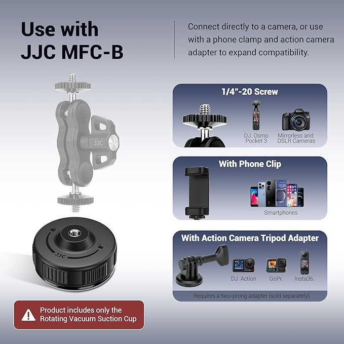 JJC Portable Camera Suction Cup Mount with 1/4" Female Hole, Twist-Lock Vacuum Suction Mount Compatible with DJI Pocket 4/3, Action 6/5 Pro/4, Gopro Hero 13, Insta360 X5 & Phones for Video Recording