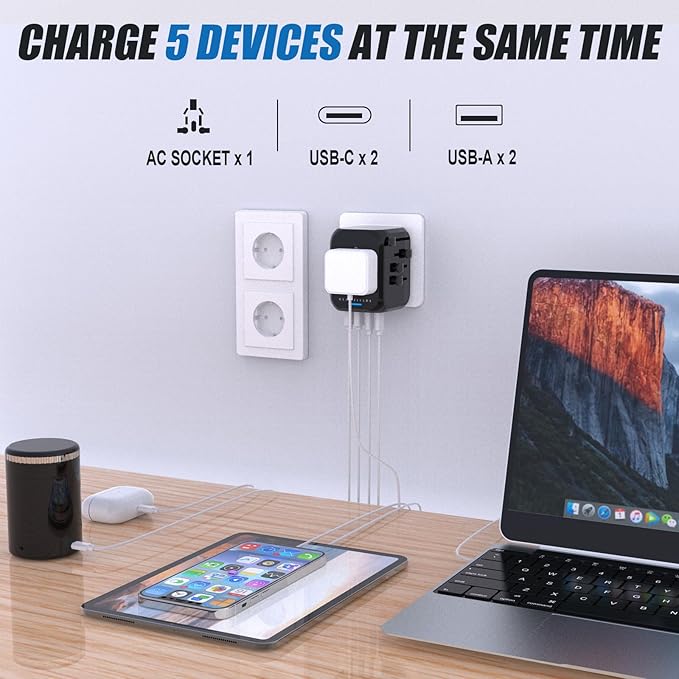GLAMFIELDS Universal Travel Adapter Worldwide All in One International Wall Charger AC Plug Adaptor with 2 USB-C and 2 USB-A Ports for 200+ Countries 100V-250V (EU UK USA AU Plug) Black