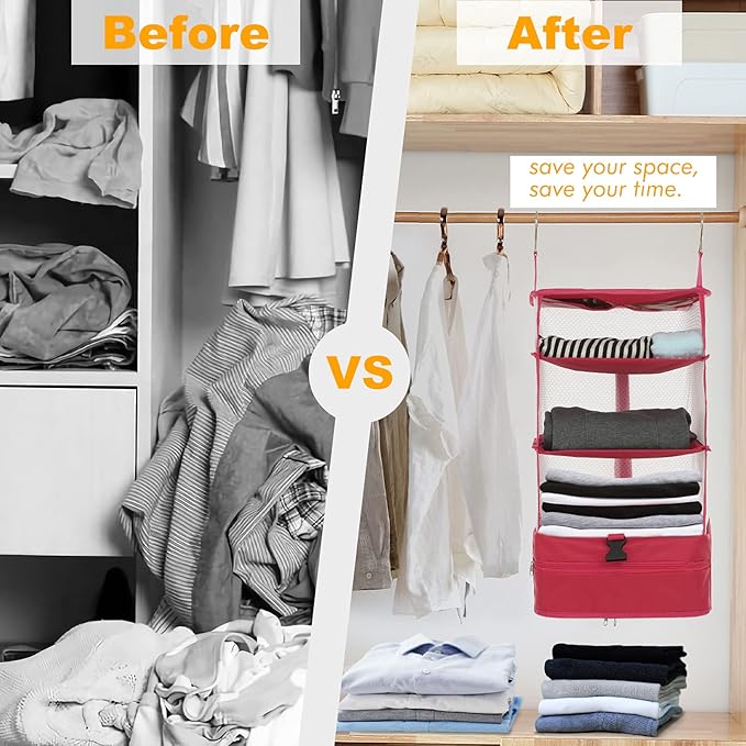 Surblue Hanging Closet Storage Bag Collapsible 3-Shelf Washable Oxford Fabric with 2 Hooks (L 11.41 * 11.41 * 19.68in, Pink)