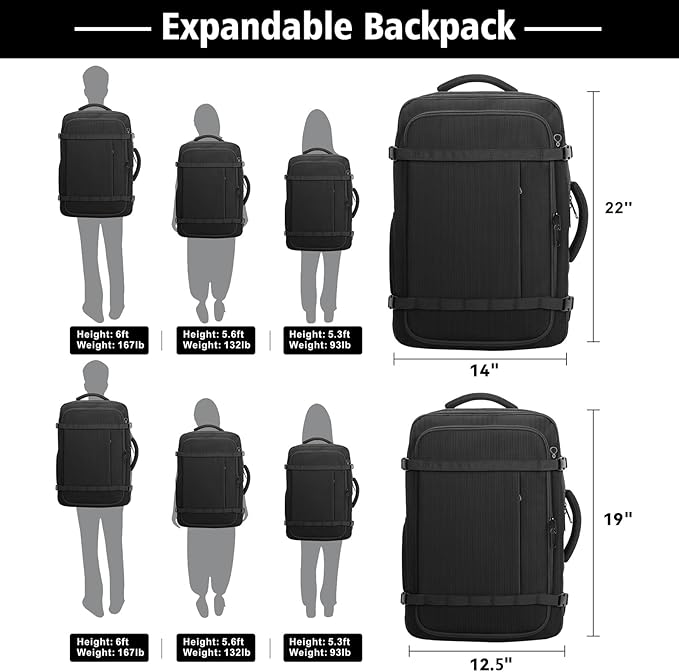 Roomy Carry On Backpack with LifetimeWarranty, Expandable Large Capacity Travel Backpack with USB Cable Port,Fits18.4" Laptop,Water Resistant Anti Theft Carry on Laptop Backpack,Flight Approve,Black