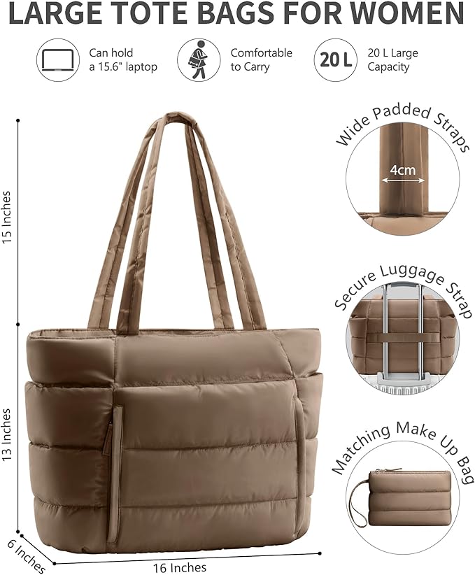 Bagstellar Puffer Tote Bag for Women, Lightweight Puffy Work Handbag Teacher Nurse Quilted Shoulder Bag for School Travel Gym | Cloud Bag w/ Zipper, Daily College Bags, 15.6" Computer Bag, Clinical Nursing Bag, 40 OZ Tumbler Holder, Ideal Gift for Women