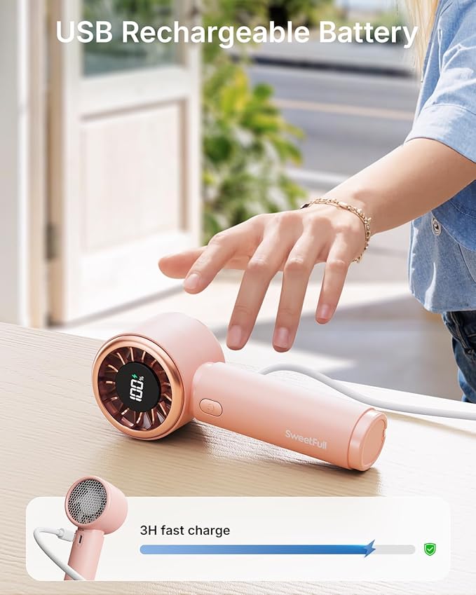 SWEETFULL Mini Fan Portable - Cute Handheld Turbo Fan with Rechargeable Battery, 5 Speeds, Small Hand Personal Travel Essentials for Women, Girls, Kids, Lash, Makeup - Pink