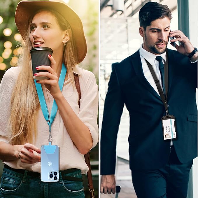 CACOE Phone Lanyard 2 Pcs Adjustable Neck Strap,4 Pcs Patches,Universal Crossbody Multifuctional Patch Cell Phone Lanyards Compatible with Most Smartphones(Black+Light Blue)
