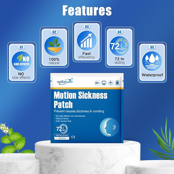 Hionfurt 48ct Motion Sickness Patches – Sea Sickness Patches for Cruise, Car, Airplane, and Other Travel – Non-Drowsy, Effective, Lasts 72 Hours