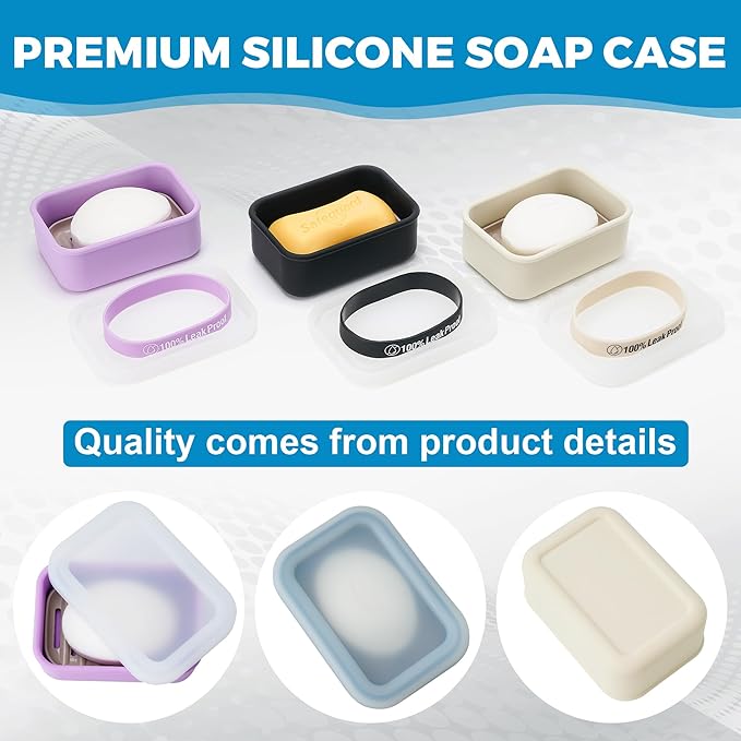 Compact Leakproof Travel Soap Case with Lid & Silicone Strap - Portable Draining Soap Bar Holder for Gym, Bathroom, Camping - Lightweight Silicone Soap Dish Container (Blue)