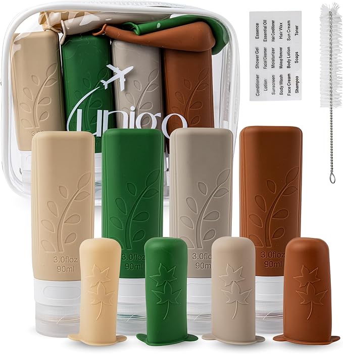 unigo Silicone Travel Bottles Set for Toiletries, Airplane Approved TSA Carry On Size, BPA Free Leakproof Refillable Squeeze Containers with Labels, Cleaning Brush and Covers (Multicolor C)