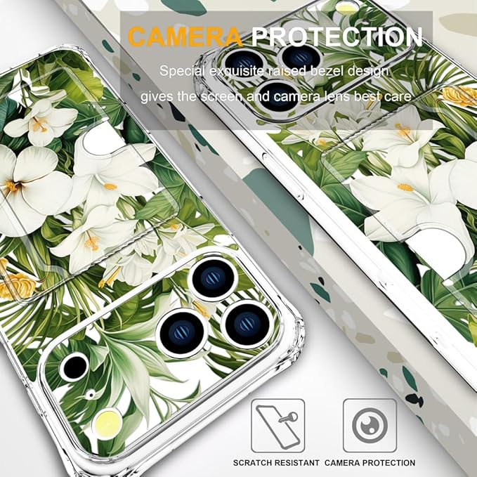 Compatible with iPhone 17 Pro Max Case Card Holder for Women Cute Design,Wallet Phone Cases Transparent Cool Kawaii Protective (Clear Green Flowers Tropical Jungle)