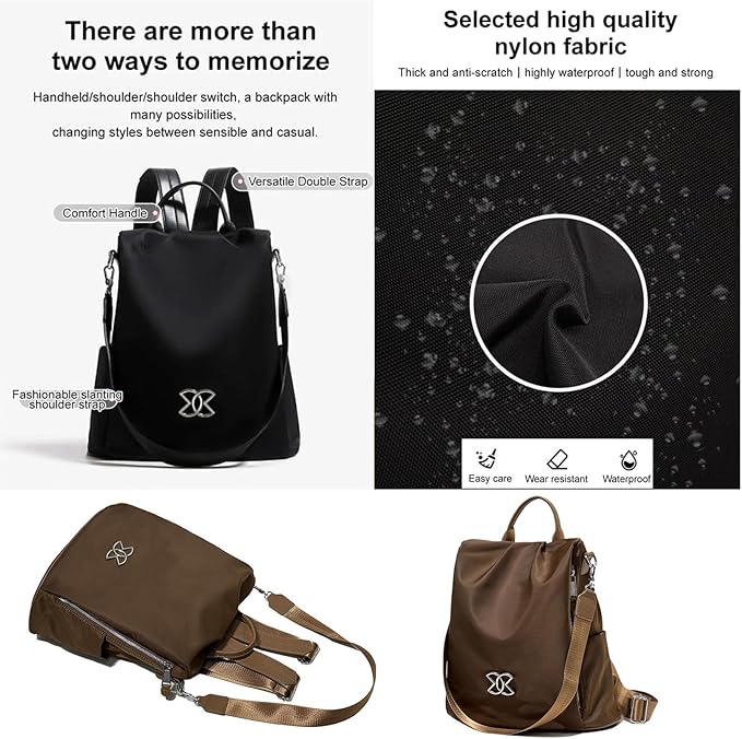 SIRDIKA Women Oxford Cloth Backpack - Anti-Theft Multi-Purpose Large Capacity Oxford Cloth Lightweight Shoulder Bag 3-Way Waterproof Crossbody Bag (Black)