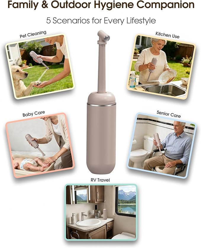 Portable Bidet for Travel & Camping - Manual Squeeze Handheld Peri Bottle for Feminine Hygiene, 3 Leak-Proof Seals, Extendable Sprayer with Rotating Nozzle for Men & Women (Khaki, General)