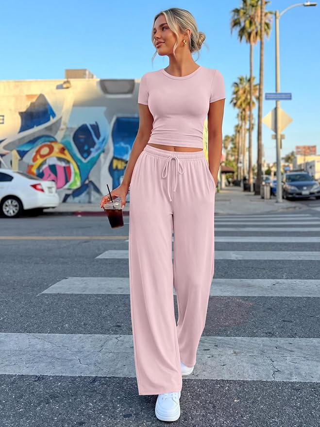 Trendy Queen 2 Piece Matching Summer Lounge Set Womens Side Ruching Top Wide Leg Pants Sets with Pockets