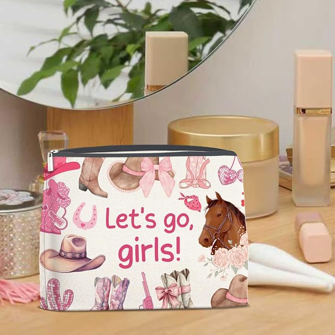 LyoGao Western Cowgirl Pink Makeup Bag, Nashville Cosmetic Bag for Country Girl Friend Daughter Sister, Let's Go Girls