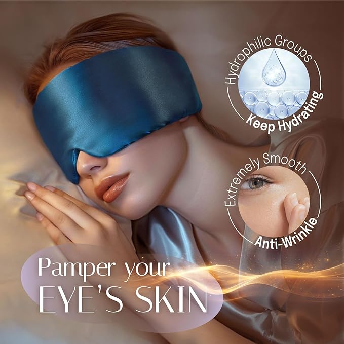 Silk Sleep Mask Soft Pressureless: 100% Mulberry Silk for Eye Skin Anti Wrinkles, Large Size for Total Blackout, Adjustable Wide Velcro Ear Cover