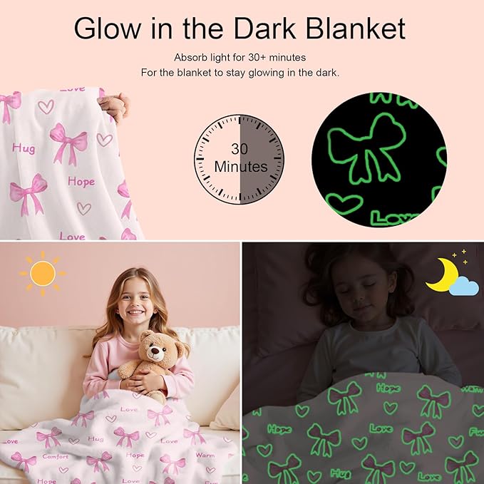 Wajade Pink Bow Glow in The Dark Love Blanket Birthday Gifts for Girls 1 2 3 4 5 6 7 8 9 10 11 12 Kids Blanket with Heart Christmas Girl Gifts Ideas Cute Bedroom Decor 60"×80"
