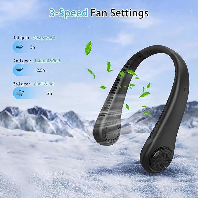 Hands-Free Neck Fan, Personal Portable Fan 3 Speeds, Bladeless Display, Stereo Airflow Personal Cooling Fan for Outdoor, Sports, Travel, Office, Makeup (Black)