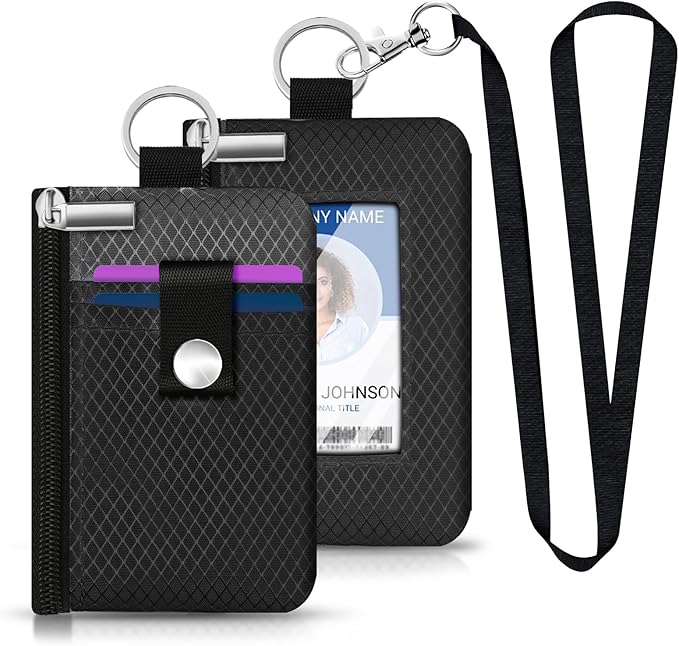 Minimalist RFID Blocking Small Wallet with ID Window,WaterResistant Zip Id Case Wallet with Lanyard Keychain for Cards,Cash,Travel,Women,Men (Black/DarkGrey)