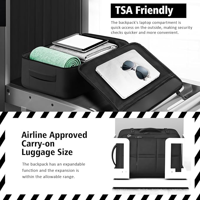 tazbuzo Travel Backpack For Men, Extra Large 50L Flight Approved Carry on Backpack, Expandable Waterproof Business Suitcase Daypack Big Bag Fits 18.4 Inch Laptop, Black
