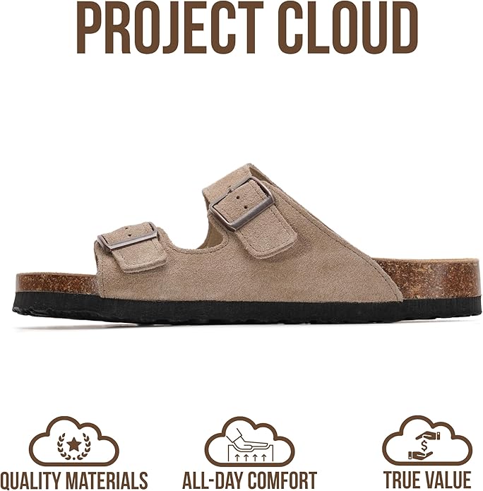 Project Cloud 100% Genuine Leather Flat Sandals For Women 2026 Cork Footbed Womens Sandals with Memory Foam and arch support Vacation Essentials Slides for Women Footwear (Venita)