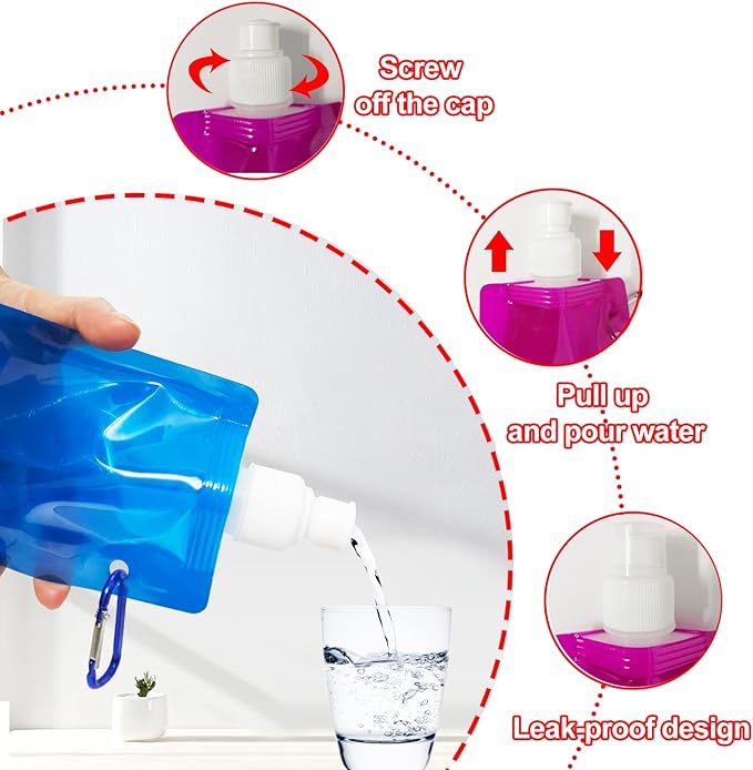 smilixin 10 Pack Collapsible Water Bottles,Reusable Drinking Water Bags with Carabiner Clip,480ml Travel Water Bottle,Leak Proof Water Bottles for Camping,Hiking Travel,Gym,Sports,Biking,BPA Free