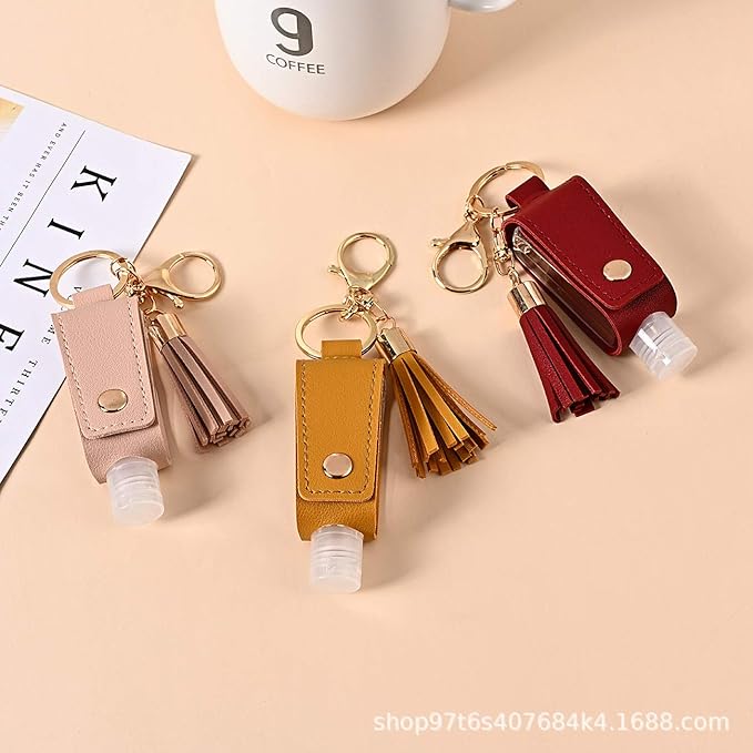 HSYHERE Multifunction Portable Empty Travel Bottle Keychain Hand Sanitizer Bottle Keychain, PU Leather Tassel Key Chains Car Key Ring +Refillable Containers for Toiletry Shampoo Lotion Soap -Khaki