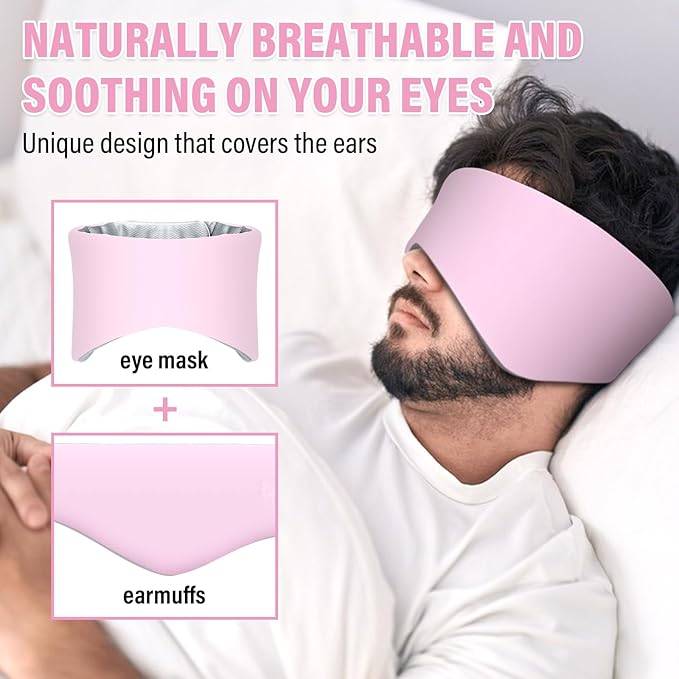 Sleep Mask, Eye Mask for Sleeping with Heads Adjustable, Earmuffs for Sleep for Men & Women, 2 in 1 Ear Mask and Blindfold, Soft Dual-Sided All-Season Eye Cover for Side Sleepers (Pink)