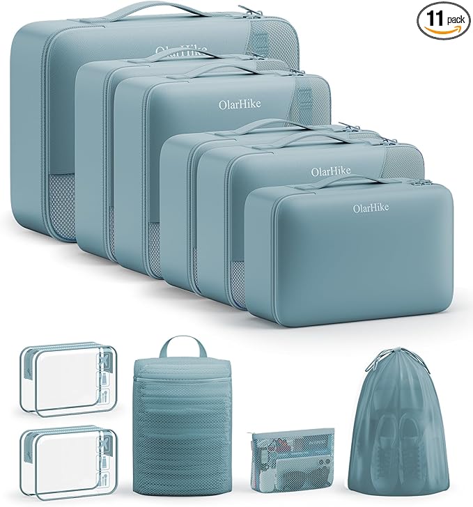 11 Set Packing Cubes for Travel, Gifts for Women Mom Kids, TSA Approved Bags for Makeup, Cosmetic, Toiletry, Suitcase Organizers for Checked Luggage, Cruise Essentials, Airplane Accessories, Blue-Gray