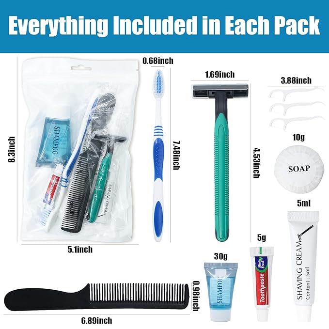 30 Pack Hygiene Kits for Homeless in Bulk, 8-in-1 Personal Toiletry Kit Individually Packed with Toothbrush, Toothpaste, Comb, Flossers,Shampoo, Soap, Razor & Shaving Cream