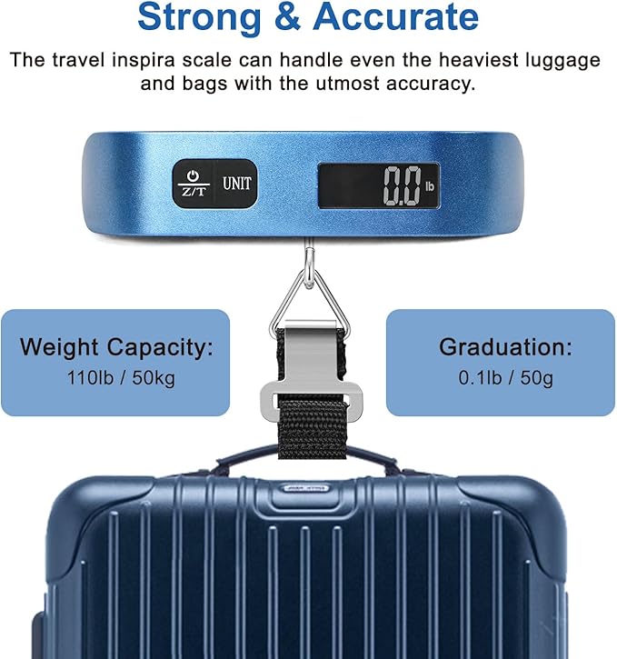 travel inspira Luggage Scale, Portable Digital Hanging Baggage Scale for Travel, Suitcase Weight Scale with Rubber Paint, 110 Pounds, Battery Included - Blue
