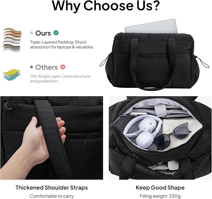 TOPEAST Weekender Bag for Women, Lightweight Puffer Travel Duffle Carry On Bag with Wet Pocket & 40oz Tumbler Pocket, Airline Approved Personal Item Overnight Bag, Black, Large