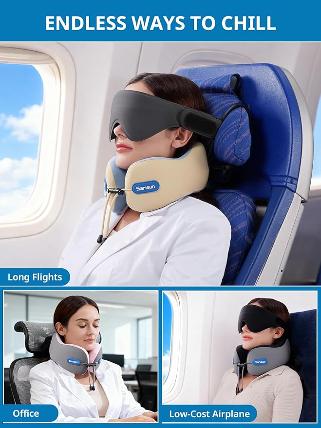 SARISUN Neck Pillow Airplane,Travel Pillow with Strap, Combo with 3D Eye Mask for Sleep, Dual-Density Supportive Foam Airplane Pillow for Long Flights, Car Road Trip Travel Essentials Beige