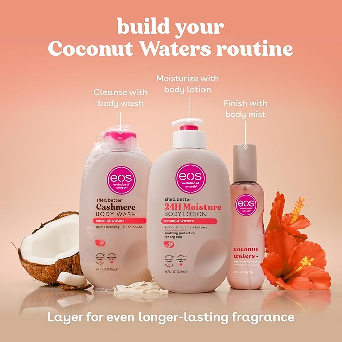 eos Cashmere Body Wash – Coconut Waters, Moisturizing Body Wash, Creamy Gel Formula, with Shea Butter, Glycerin, Vitamin E, pH Balanced, Sensitive Skin, Vegan, 16 fl oz