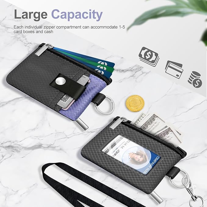 Minimalist RFID Blocking Small Wallet with ID Window,WaterResistant Zip Id Case Wallet with Lanyard Keychain for Cards,Cash,Travel,Women,Men (DarkGrey/Lavender Purple)