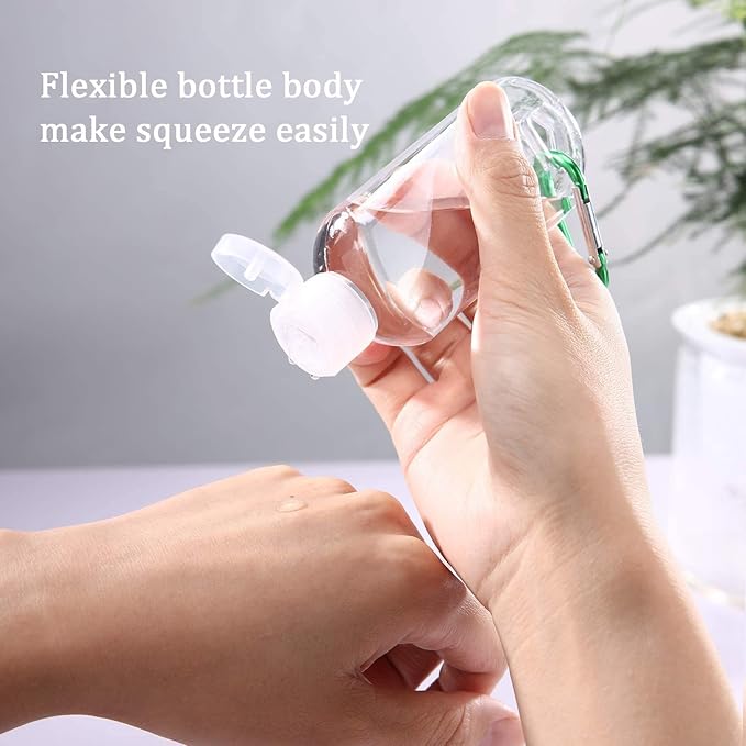 8 Pcs Travel Size Bottles with Keychain Hand Sanitizer Holder, 2 oz Portable Plastic Small Empty Bottles Leakproof Refillable Squeeze Containers for Backpack