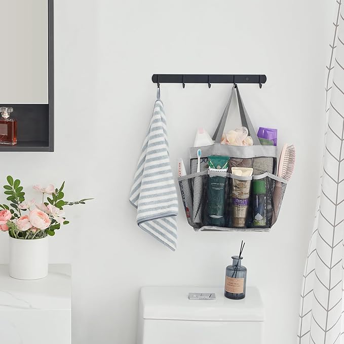 Lifewit Mesh Shower Caddy Portable for College Dorm Room Essentials with 7 Pockets, Freestanding Hanging Organizer Basket, Quick Dry Tote Bag for Camping, Bathroom, Beach, Travel, 1 Pack, Grey