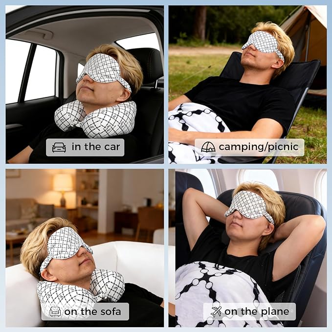 Travel Pillow with Detachable Flannel Blanket & Eye Mask – Plush Velvet Neck Support Pillow for Airplane,Car,Office Rest,Coordinated Digital Print Set (Black Circular Grid, 60in * 79in)