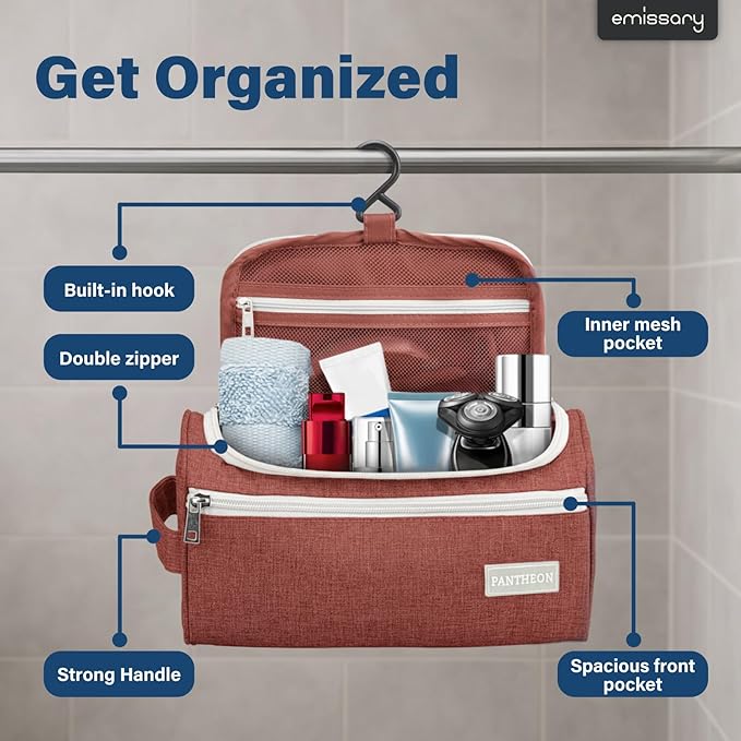 emissary Travel Hanging Toiletry Bag, Lightweight Travel Makeup Organizer for Women, Waterproof Cosmetic Makeup Bag Organizer with Hanging Hook for Accessories,Essentials, Toiletries, Red