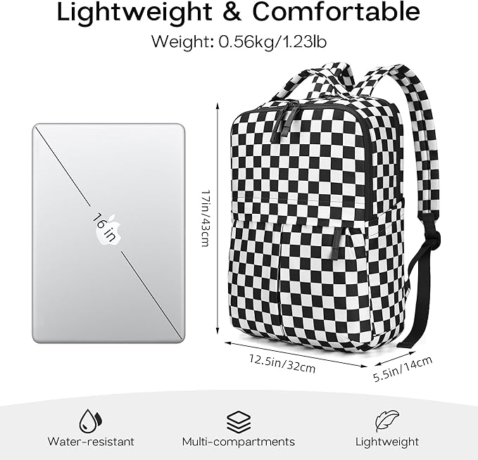 Checkered Backpack for Women Fashion Backpacks with Laptop and Multi Compartment for Travel and Work Black White Check