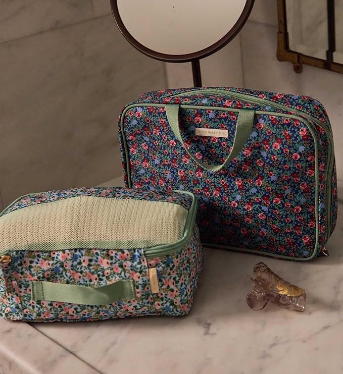 RIFLE PAPER CO. Soft Sided Packing Cubes Set of 3. Includes Small, Medium, Large and a Laundry Bag, Travel Must Have Accessory, Stylized Pattern, Floral Rosa