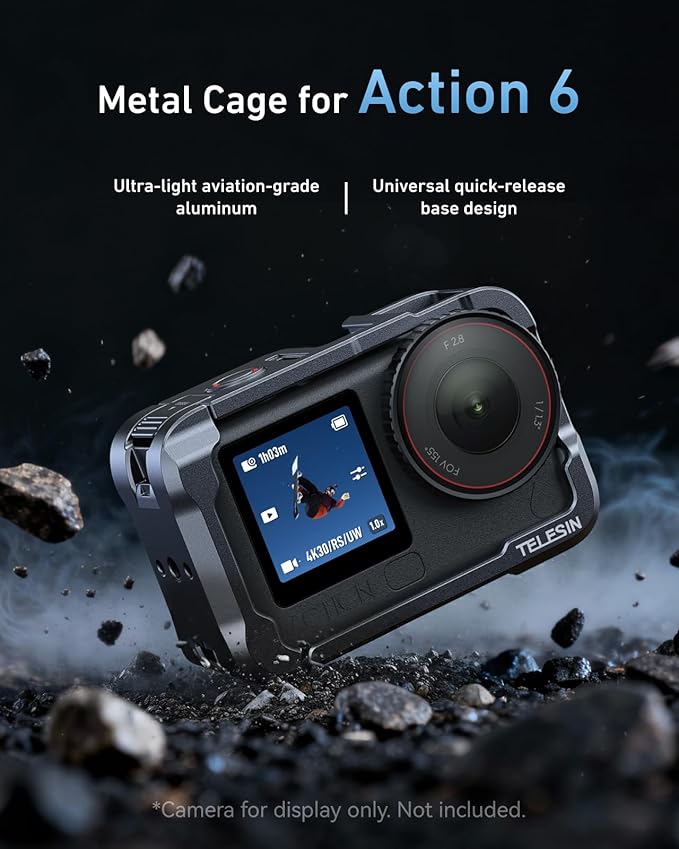TELESIN Aluminum Alloy Protective Frame Case for DJI Osmo Action 6 Camera, Quick-Release Metal Rabbit Cage Protective Frame Housing Sleeve with 1/4" Screw and Cold Shoe
