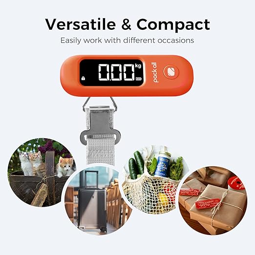 pack all 110 Lbs Luggage Scale, Digital Handheld Baggage Scale, Travel Suitcase Weight Scale with LCD Display, Battery Included, Orange